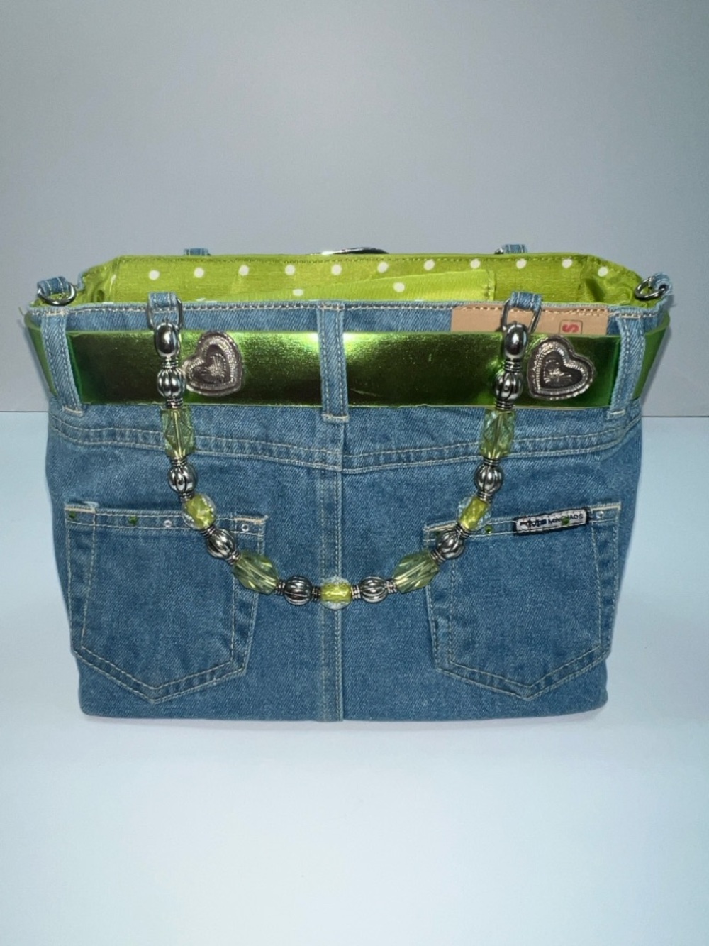NWT MINGHAOS Denim Bag With Lime Green Belt and Beaded Handles - Picture 2 of 14